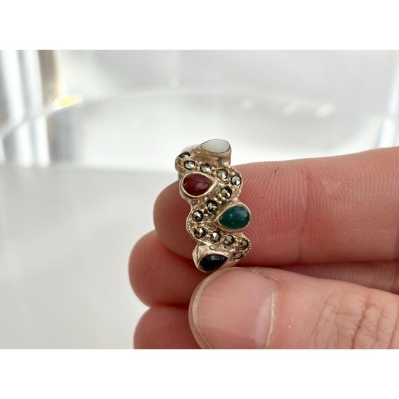 Multi Gemstone SW Style Wavy 925 Sterling Silver Vintage Ring - sz 7.5 - Picture 13 of 14